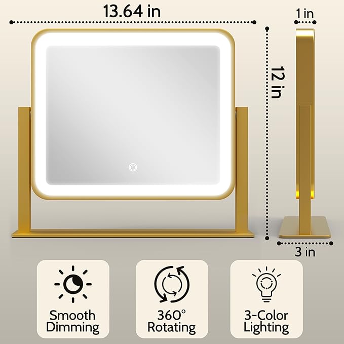 ROLOVE Gold Lighted Makeup Mirror, 3-Color Dimmable Lighting, 360° Rotation - Image 2
