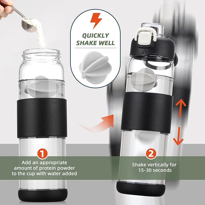 Glass Water Bottle for Protein Mixes 24 oz Protein Shaker Bottles with Whisk Ball Portable Leak Proof Shaker Blender for Fitness BPA Free