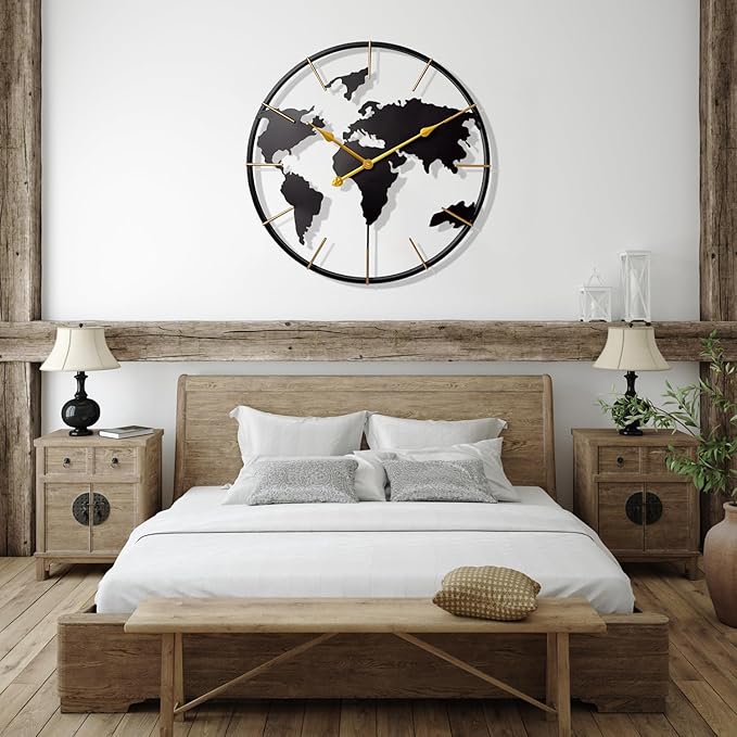 Large World Map Wall Clock, Metal Minimalist Modern Clock, Round Silent - Image 4