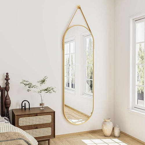 48"x16" Hanging Mirror with Leather Strap, Oval Full Length Mirror with by TinyTimes