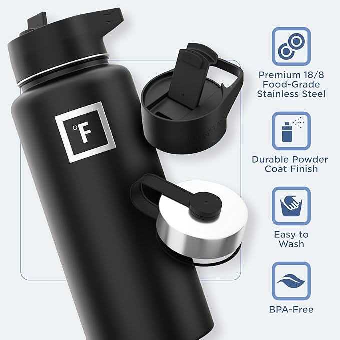 IRON °FLASK Camping & Hiking Hydration Flask with 3 Lids - Stainless Steel, Double Walled & Vacuum Insulated Water Bottle - Leak Proof & BPA Free (Navy Blue, Straw - 32 oz)