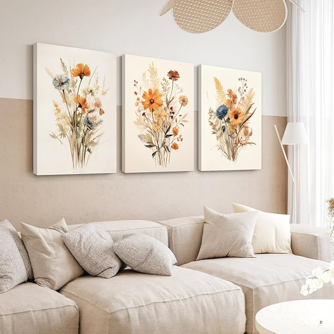 Botanical Floral Wall Art Set of 3 Vintage Wildflower Canvas Wall Decor - Image 5