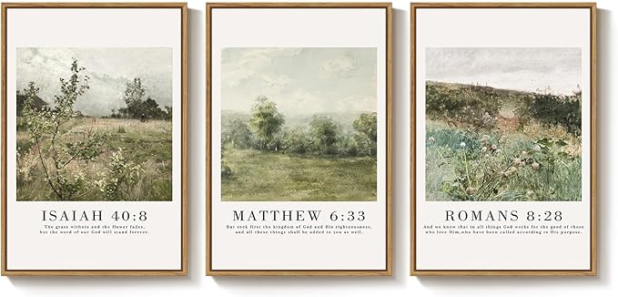 Framed Vintage Christian Wall Art Set of 3, Rustic Wildflower Landscape Bible - Image 9