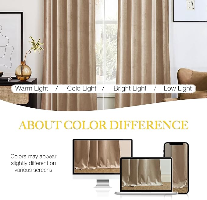 NICETOWN Beige Velvet Curtains 102 inches Long 52 inch Wide 2 Panels, Luxury - Image 4
