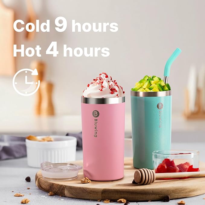 12 oz Double Wall Insulated Skinny Tumbler with Straw- Stainless Steel Coffee Tumbler Water Cup, Spill Proof, BPA Free (Glitter Purple/Glitter Teal)