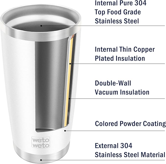 WETOWETO 20oz Tumbler with 2 lids and 2 straws, Stainless Steel Vacuum Insulated Water Coffee Tumbler Cup, Powder Coated Spill-Proof Travel Mug Thermal Cup for Hot and Cold Drinks(White, 1 Pack)