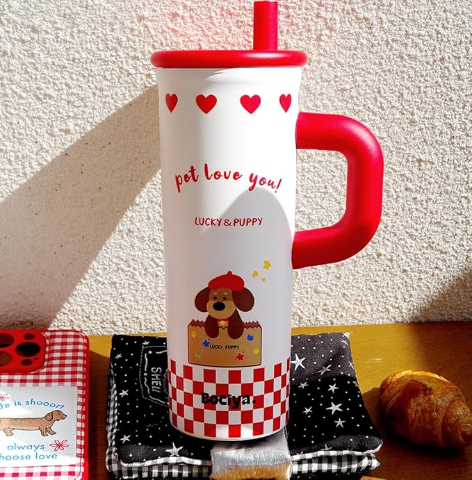ZZT 26 oz Insulated Tumbler with Telescopic Straw and Dust Lid, Cute Animal And Sea Shell Stainless Steel School Travel Working With Dust Cap,Great Gifts for Women & Girls (Lucky Dog)
