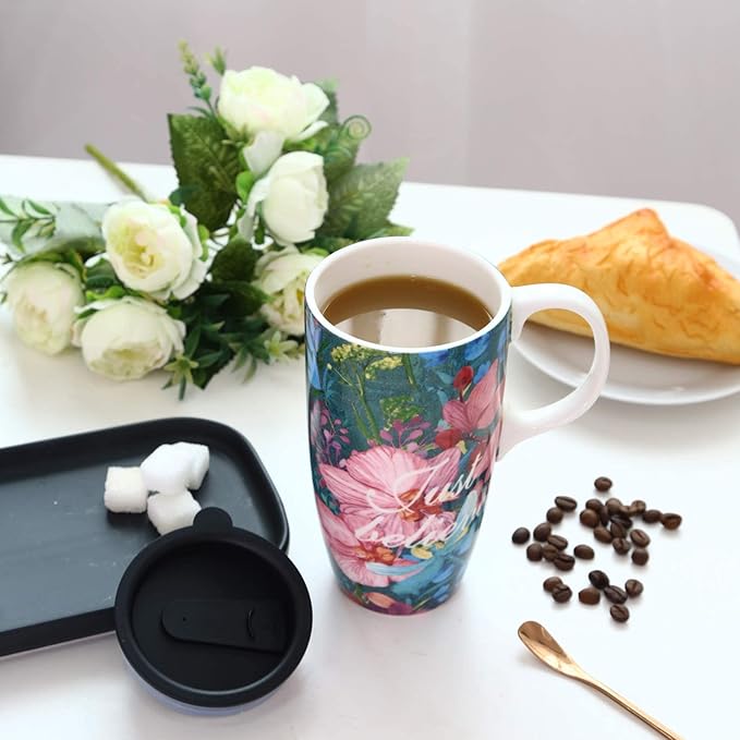 Topadorn Ceramic Coffee Cup 17 Oz Tall Ceramic Mug with Lid and Color Box, Perfect for Coffee and Tea, Just Believe