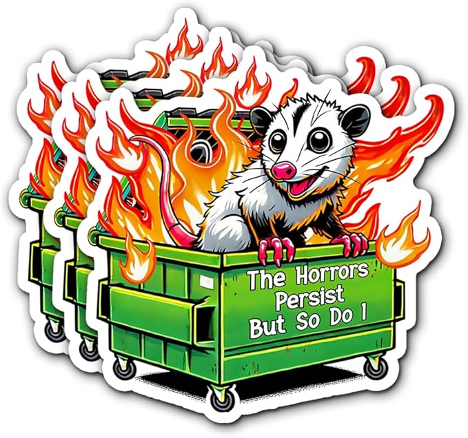The Horrors Persist But So Do I Sticker 3Pcs Funny Opossum Possum Sarcastic Sticker Vinyl Waterproof Decals for Notebook, Tumbler, Laptop and Water Bottle (Opossum Horrors)