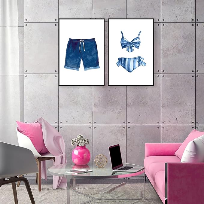 Liyark Set of 2 Retro Navy Blue And White Swimsuit Art Posters Beach Bathing - Image 7