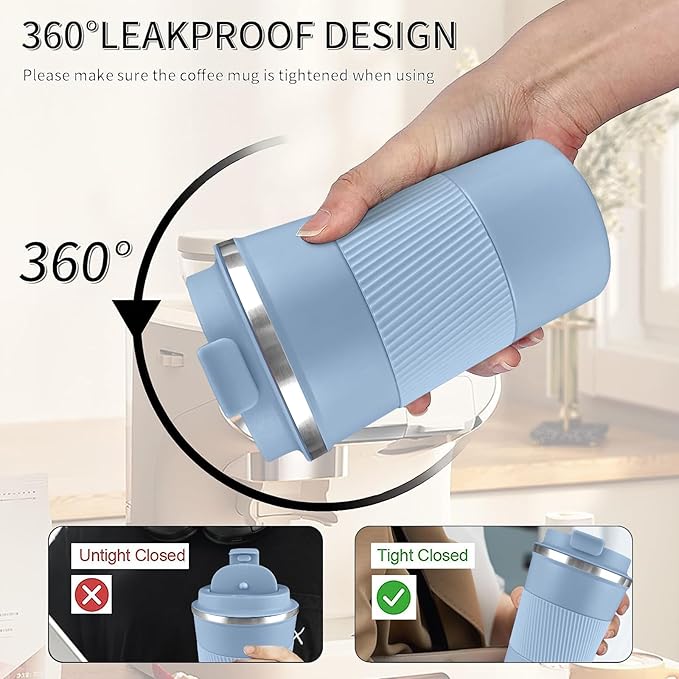 YINBAOGE Insulated Travel Coffee Mug, Spill & Leak Proof, Portable To Go Camping Stainless Steel Coffee Tumbler, Reusable Thermal Coffee Cup with Lid for Hot & Cold Drinks (Light blue, 17 OZ)