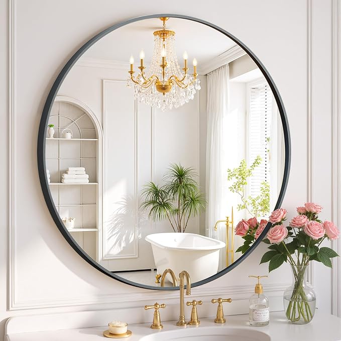 Round Wall Mirror 20 Inch Black Vanity Mirror by SageNest