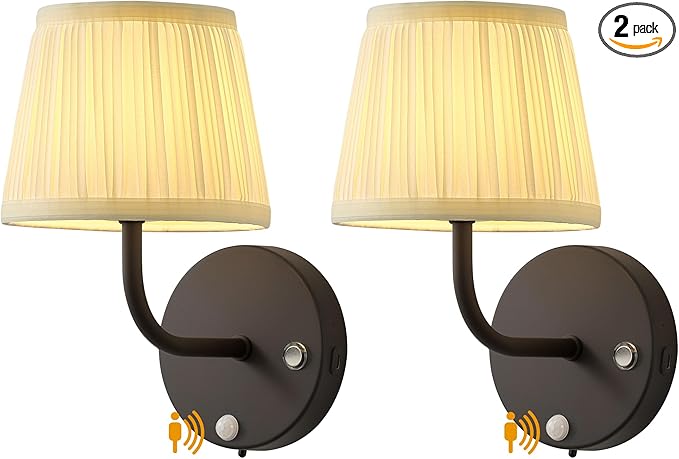 PUSU Motion Sensor Black H9.6 inch Small Wall Sconces Set of 2, LED Cordless by PUSU