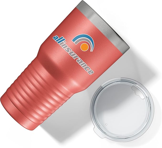 Personalized 30oz (17 Colors) Printed Insulated Stainless Steel Powder Coated Tumbler with Lid - Custom Bulk Promotional Items with your Logo - Bulk Company Small Business Party Favors (Coral)