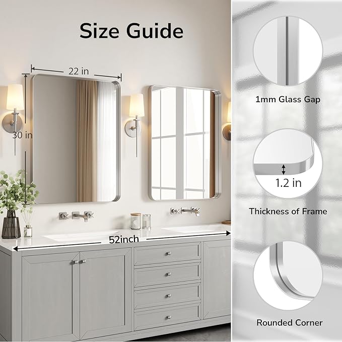 USHOWER Brushed Nickel Bathroom Mirror 22"x30", Rounded Corner, Aluminum Frame - Image 2