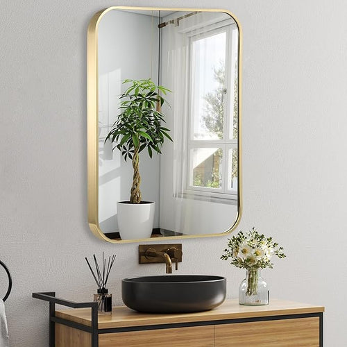 24x32 Inch Gold Bathroom Mirror, Brushed Gold Metal Framed Rectangular Mirror - Image 2