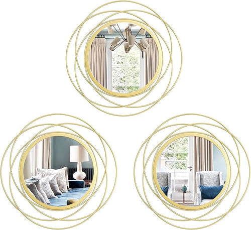 3 Set 9.5 Inch Gold Circle Mirrors Wall Decor Iron Frame Wire Mirror Metal by Cityelf