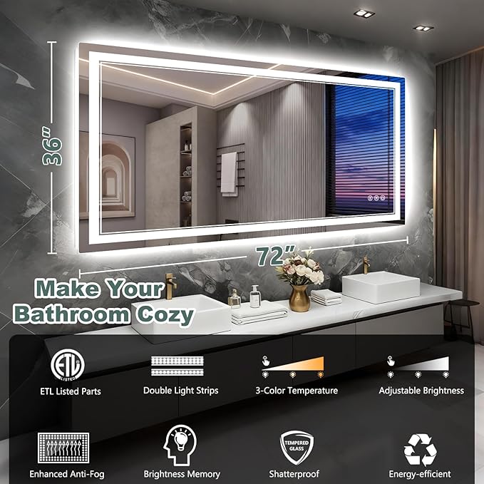 72x36 Inch LED Bathroom Mirror - Image 2