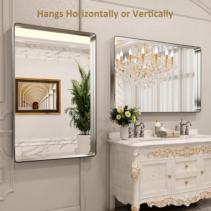 LOAAO 55X36 Inch Brushed Nickel Bathroom Mirror, Rounded Rectangle Silver Metal - Image 4