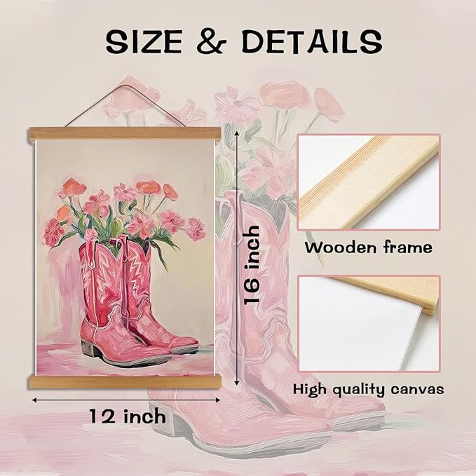 Pink Floral Cowboy Boots Wall Art, Vintage Cowboy Boots Canvas Wall Decor - Image 4