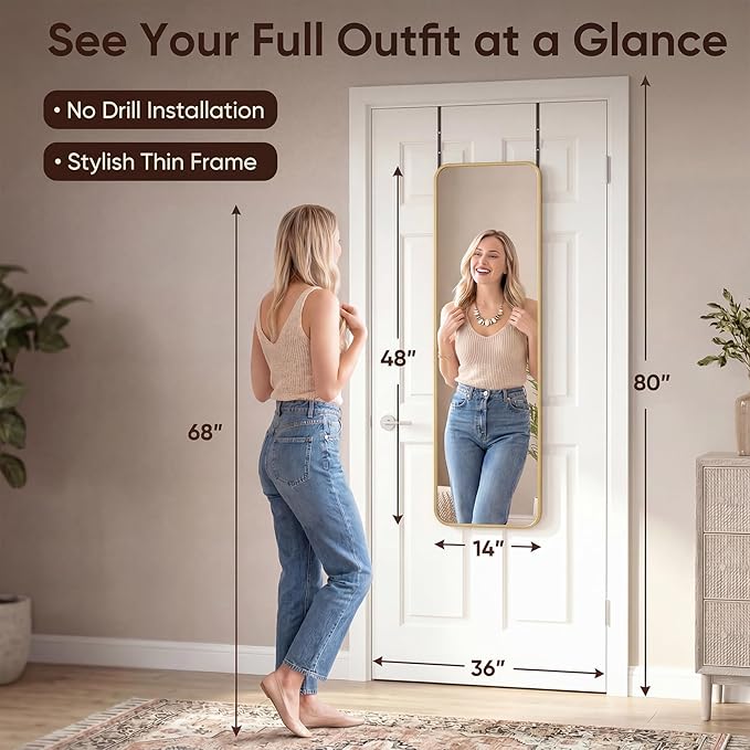 Antok 48"x14" Over the Door Mirror, Full Length Mirror Door Hanging - Image 2