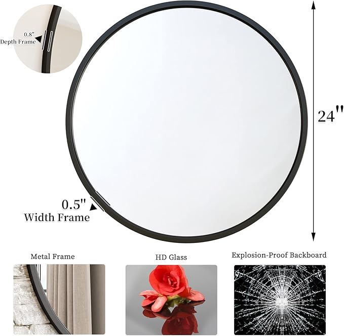G-LEAF Black Round Mirror 24 inch, Circle Mirror - Image 4