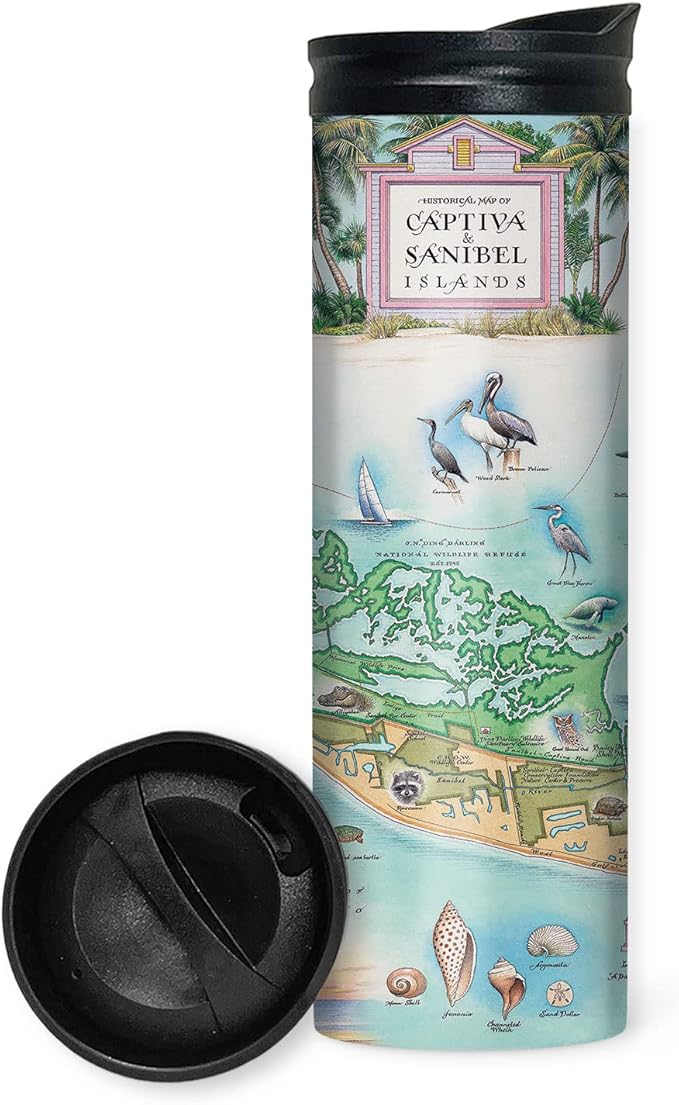 Xplorer Maps Florida's Sanibel & Captiva Islands Map 16 Oz Travel Drinkware with Spill-Resistant Lid - Stainless Steel Vacuum Insulated Coffee Tumbler