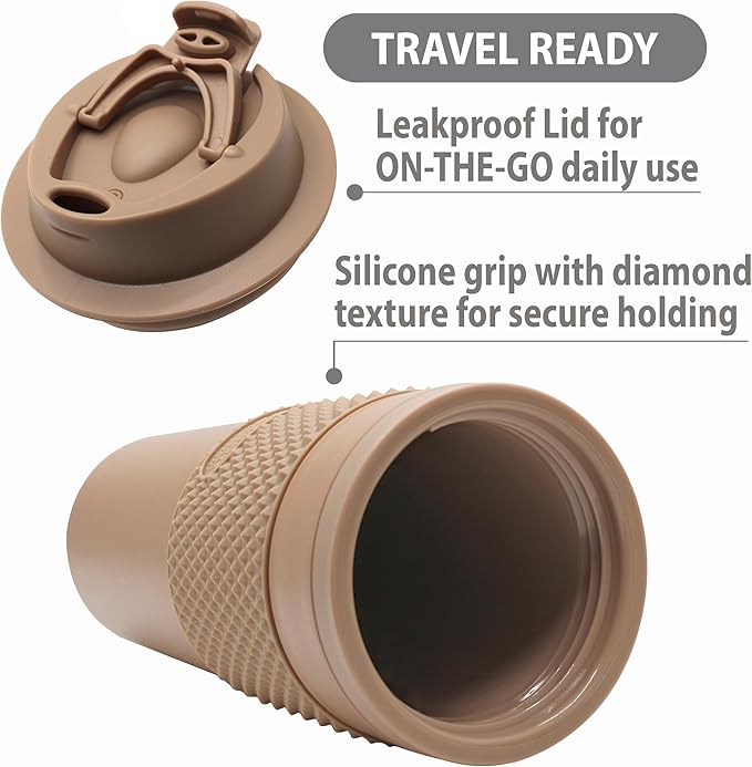 16 oz Coffee Tumbler Set, 2 Pack, Made with Real Coffee Grounds, Detachable & Insulated Double Wall, Cup Holder Ready, Dishwasher and Microwave Safe, Leak Proof Lid, BPA Free, Brown