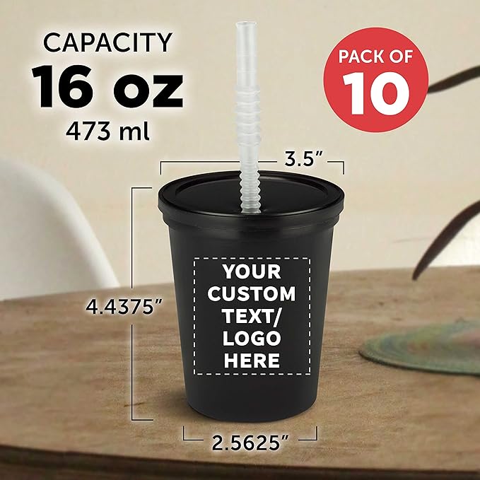 Custom Reusable Plastic Cups with Lid and Straw 16 oz. Set of 10, Personalized Bulk Pack - Perfect for Birthdays, Weddings, Picnic, Beach, Parties - Black