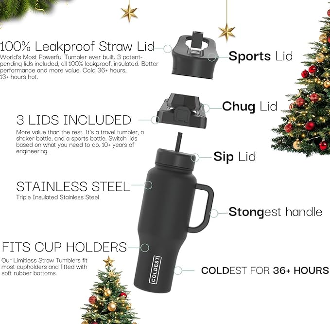 Coldest Tumbler with Handle and Straw - 100% Leak Proof Insulated Tumbler with Lid and Straw (3 Lids) - Stainless Steel Tumblers for Women & Men - Cup Holder Friendly Base, 36 oz (Seascape)
