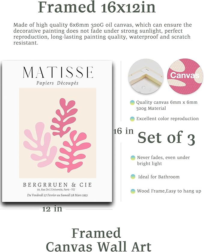 HesenDot Framed Matisse Pink Wall Art Set of 3, Minimalist Wall Decor, 12x16IN - Image 3