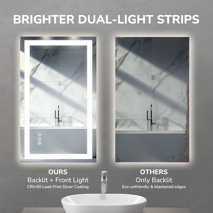 USHOWER LED Bathroom Mirror 20x28 Inch Tempered Glass - Image 5