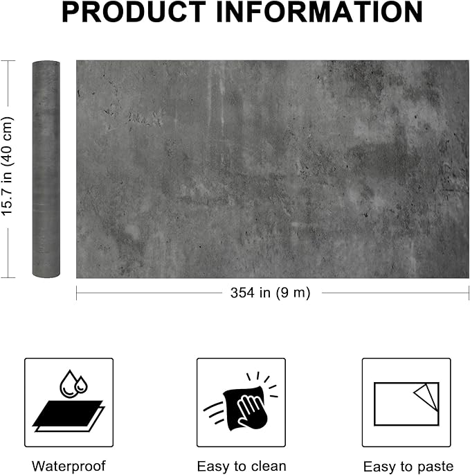 WADILE Black Gray Concrete Wallpaper 15.7 in * 354 in, Cement Contact Paper 3D - Image 2