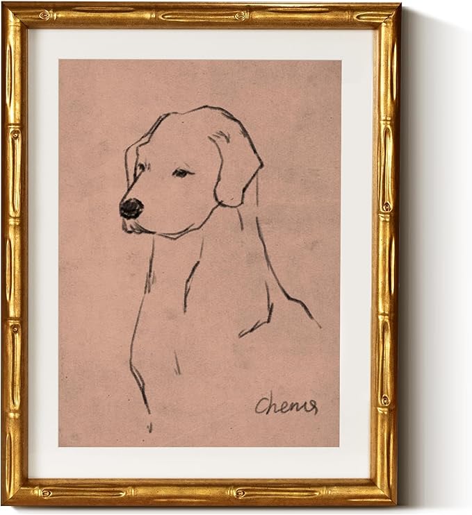 InSimSea Gold Bamboo Framed Canvas Wall Art, Minimalist Dog Sketch Animal by InSimSeaArt