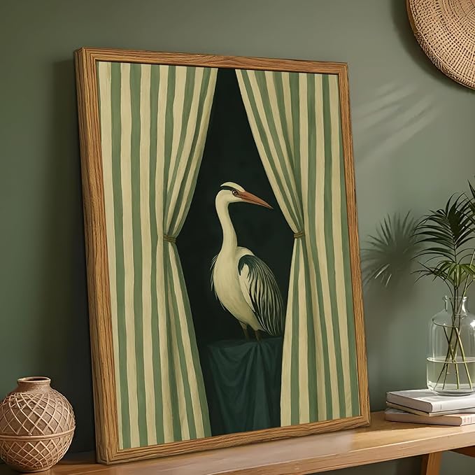 Framed Moody Heron Wall Art, Eclectic Vintage Bird Pictures Wall Decor Paintings - Image 2