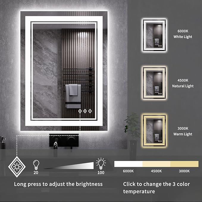 LED Mirror, 20x28 Inch Gradient Front and Backlit LED Bathroom Mirror, 3 Colors - Image 5