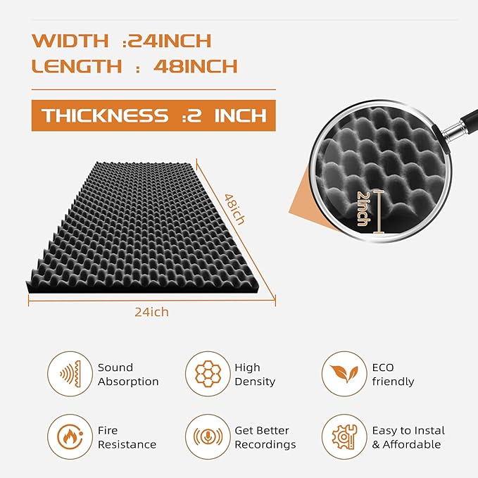2 Pack Sound Proof Foam Panels | 48"×24"×2" Egg Crate Foam Pad | High Density - Image 2