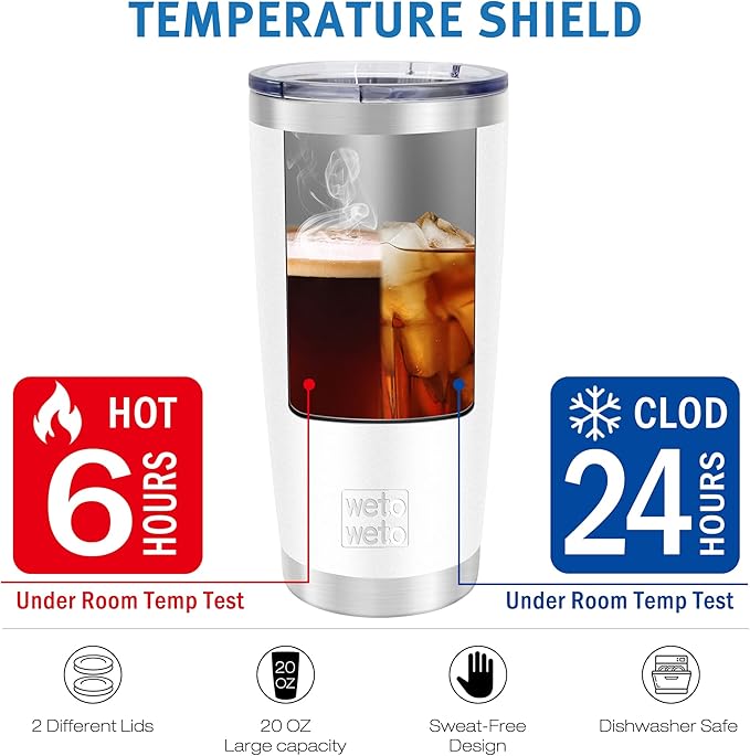 WETOWETO 20oz Tumbler with 2 lids and 2 straws, Stainless Steel Vacuum Insulated Water Coffee Tumbler Cup, Double Wall Powder Coated Spill-Proof Travel Mug Thermal Cup (White, 1 Pack)