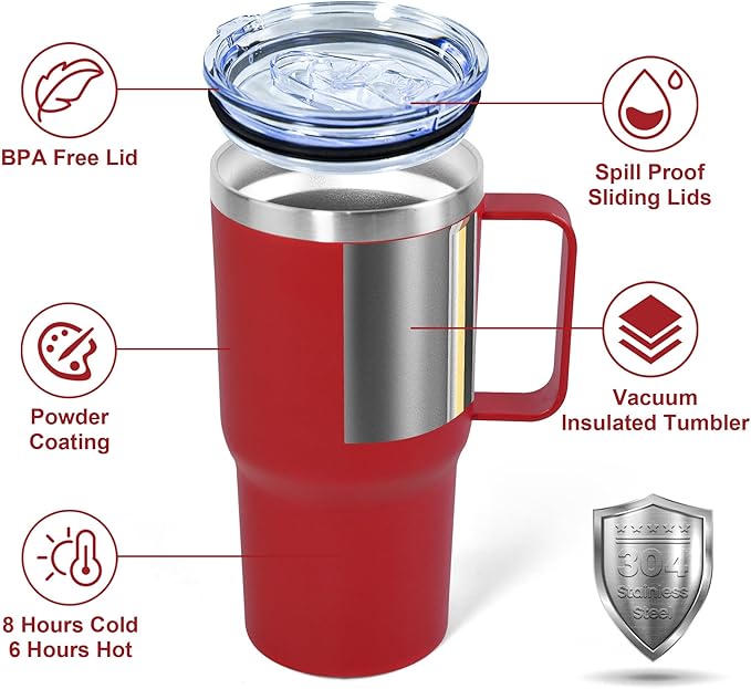 20 oz Tumbler with Handle, insulated cup coffee mug with lid, straw and handle, Double Wall Stainless Steel Vacuum Coffee Tumbler travel mug spill proof, 1pcs Red