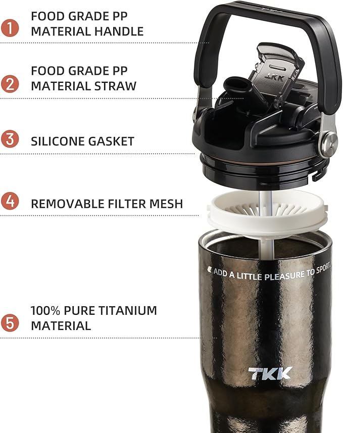 TKK 24oz Pure Titanium Inner Tumbler with Straw Lid, Vacuum Insulated Cup Leakproof Double Walled Travel Mug with Handle, Dishwasher Safe for Hot/Cold Drinks, Titanium Black