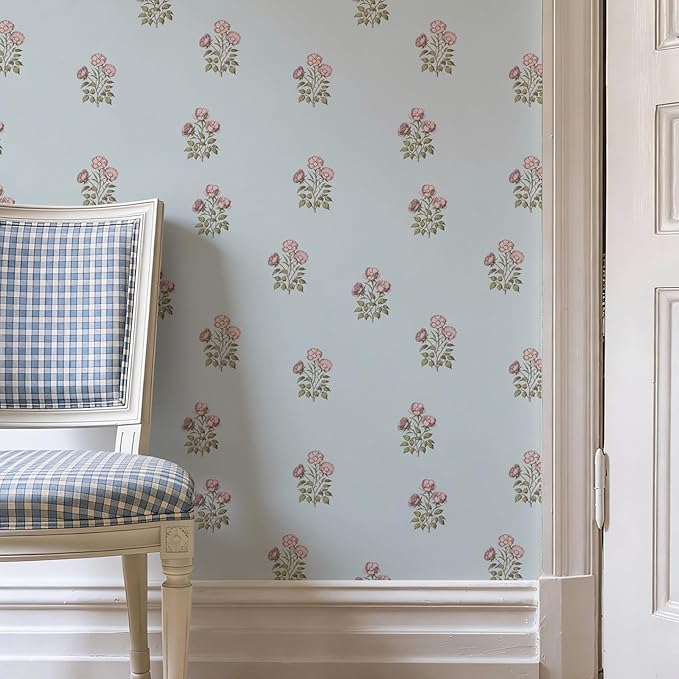 17.3"× 590.5" Vintage Blue Floral Wallpaper Peel and Stick Boho Wallpaper - Image 7
