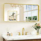 Keonjinn Gold Bathroom Mirrors for Wall 42” x 20” Large Rounded Rectangle Gold by Keonjinn