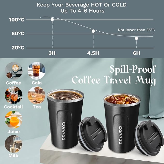 YINBAOGE Insulated Travel Coffee Mug, Spill & Leak Proof, Portable To Go Camping Stainless Steel Coffee Tumbler, Reusable Thermal Coffee Cup with Lid for Hot & Cold Drinks (2nd-Black, 12 OZ)