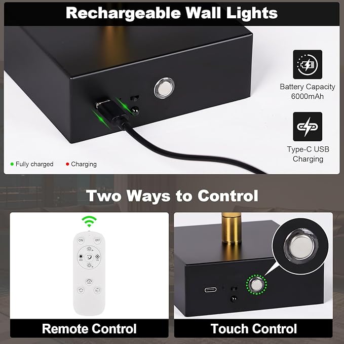 Wall Sconces Set of Two with Remote Control 29.1 in Dimmable Black Gold Battery - Image 5