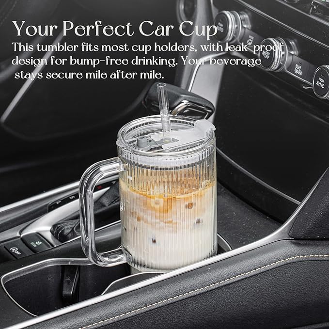 KEMORELA Large 26oz Clear Glass Mug with Handle and Sliding Lid – Aesthetic Ribbed Tumbler for Iced Coffee, Smoothies & Hot Drinks – Reusable Travel Cup with Straw, Dishwasher Safe (Ribbed Tumbler)