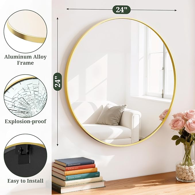 Round Wall Mirror 24 Inch Gold Vanity Mirror - Image 2