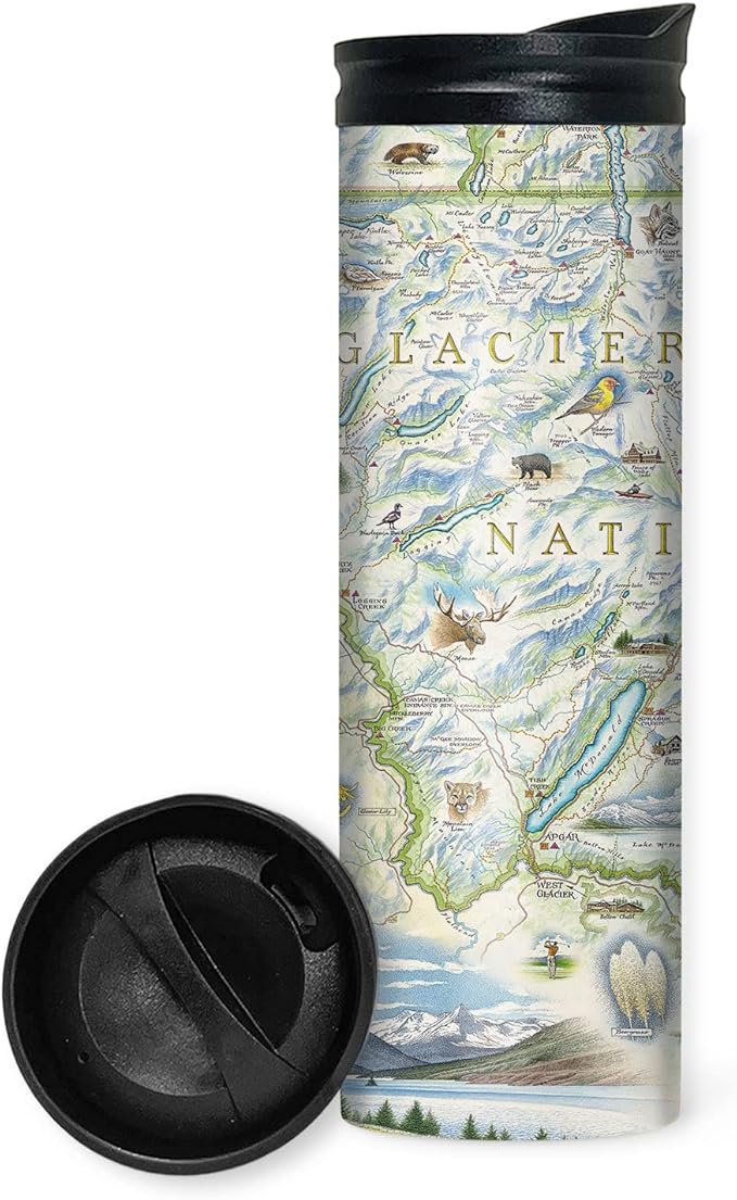 Xplorer Maps Glacier National Park Map 16 Oz Travel Drinkware with Spill-Resistant Lid - Stainless Steel Vacuum Insulated Coffee Tumbler