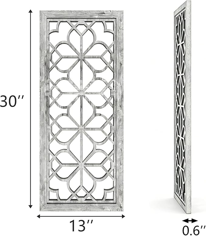 Set of 2 13x30 Inch Large Grey Shatterproof Carved Floral Wood Frame Wall - Image 2