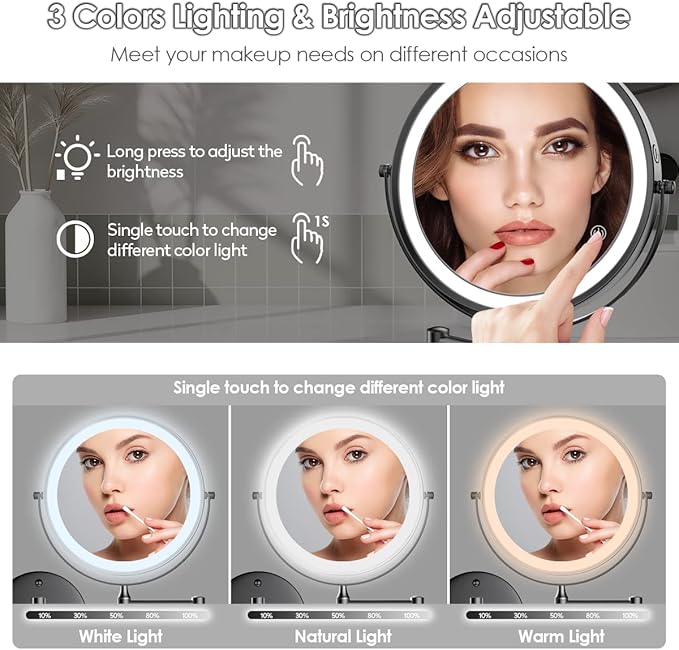 Rocollos Rechargeable Wall Mounted Lighted Makeup Mirror, 8 Inch Double-Sided - Image 3