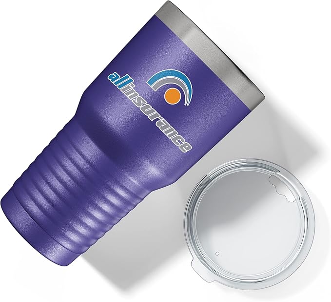 Personalized 30oz (17 Colors) Printed Insulated Stainless Steel Powder Coated Tumbler with Lid - Custom Bulk Promotional Items with your Logo - Bulk Company Small Business Party Favors (Purple)